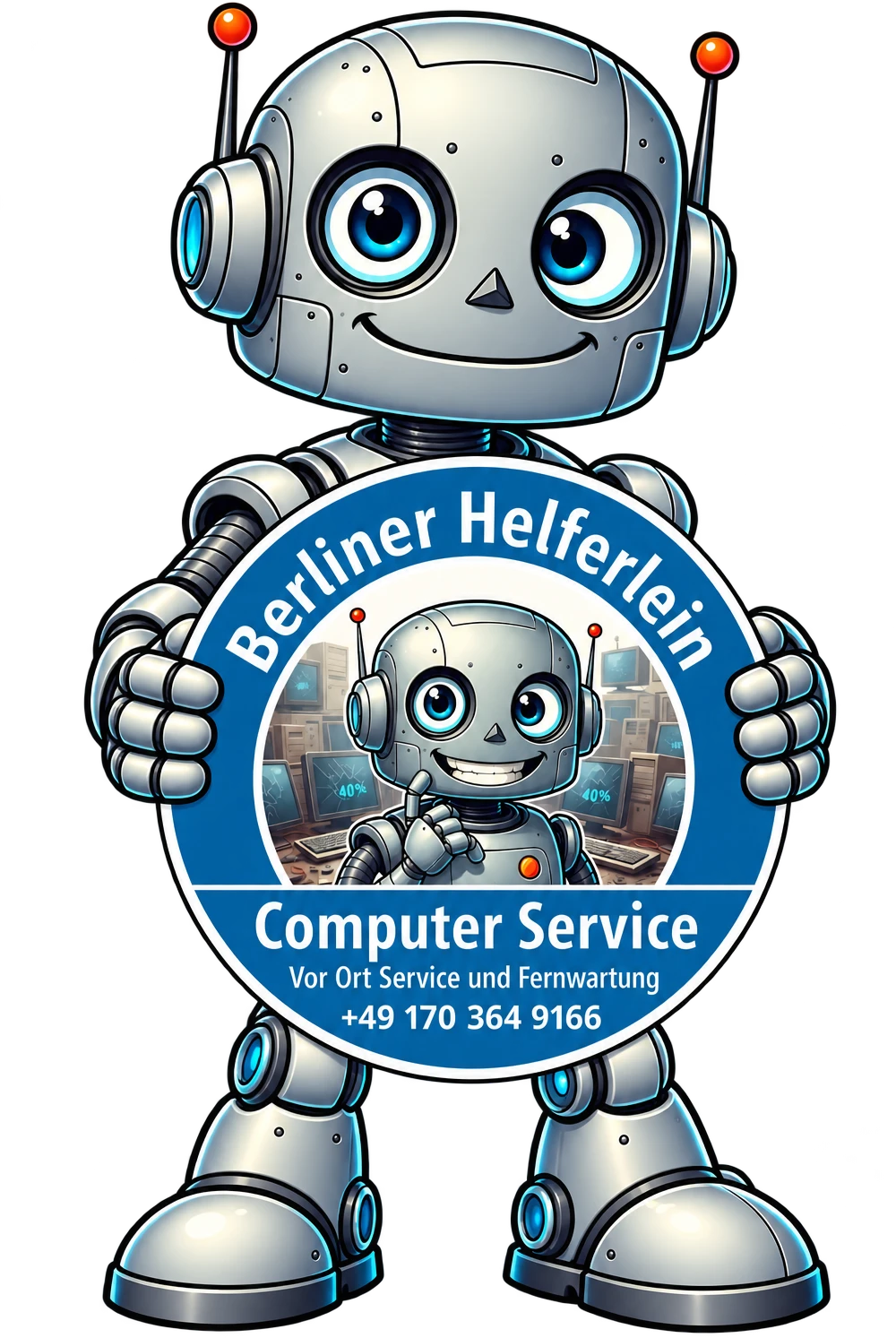 Das Berliner Helferlein hält das Schild: Berliner Helferlein Computer Service – Vor-Ort-Service und Fernwartung, 0170 364 9166